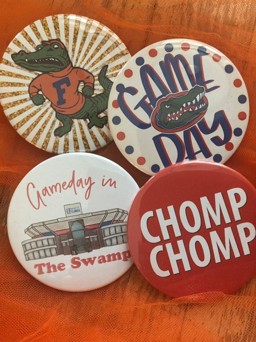 Florida game day pins , qty 4 , 3 inch pinback